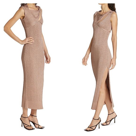 Aknvas Sevrine Dress Small Gold Champagne Glitter Twisted Midi Cocktail Formal - Picture 2 of 13